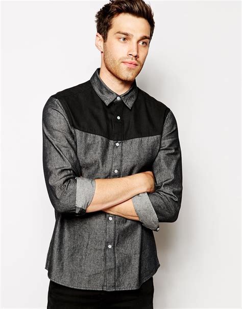 asos denim shirt  long sleeve  coated yoke grey fashion shop asos denim shirts