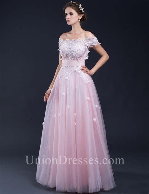 a line off the shoulder long light pink tulle lace prom