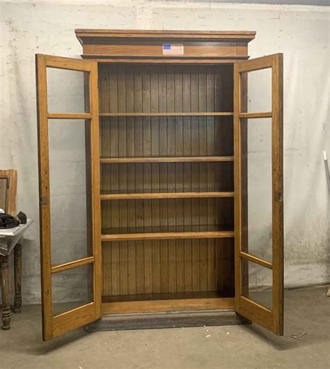 Standing Oak Display Cabinet With Glass Front Doors Olde