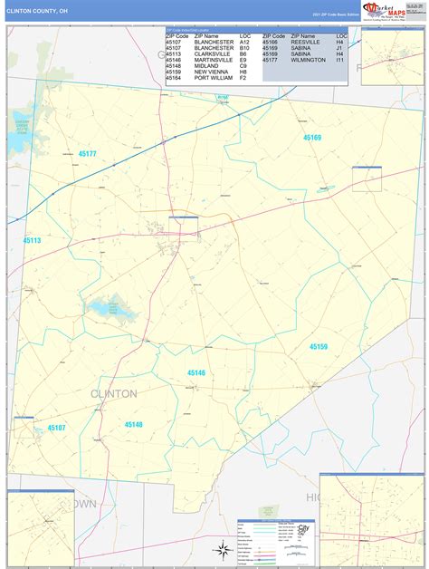 clinton county  zip code wall map basic style  marketmaps