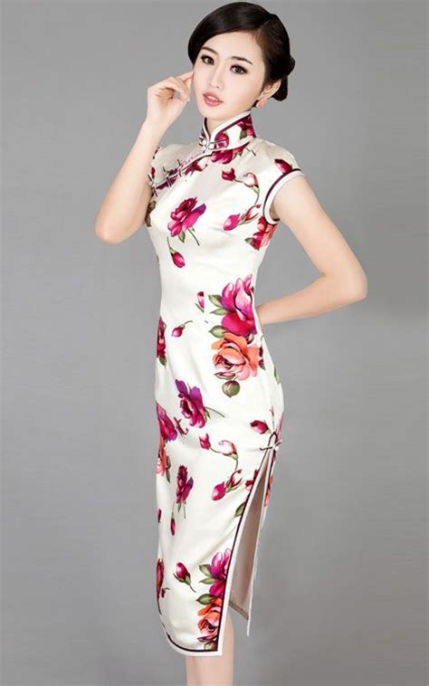 white chinese dress red floral heavy silk sleeves qipao white chinese cheongsam dress 005