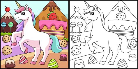 unicorn  candy land coloring page colored  vector art  vecteezy