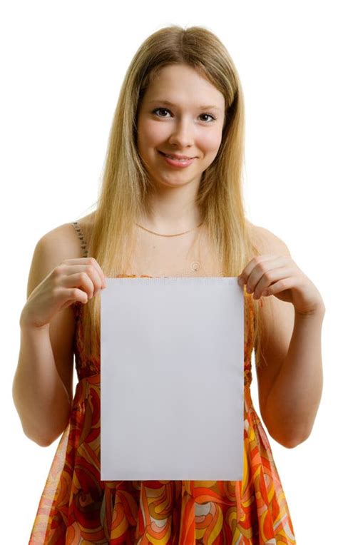 girl holding  sheet  paper stock image image  note card