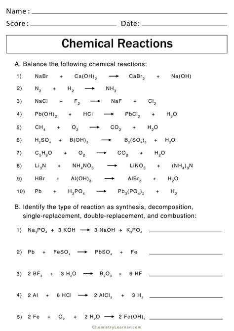 types  chemical reactions worksheets  printable