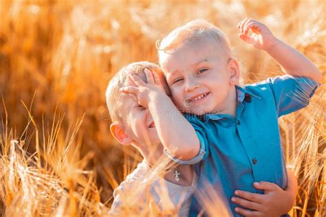 cute  kids  fun  golden wheat field stock image image   happiness