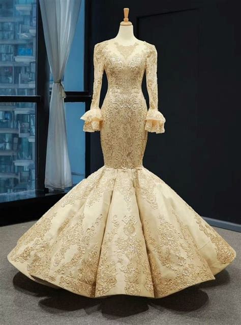 gold mermaid satin lace appliques long sleeve luxury prom dress long sleeve wedding dress lace