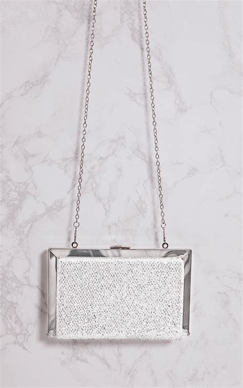 silver glitter metal clutch bag accessories prettylittlething