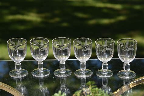 Vintage Etched Wine Cordials Glasses Set Of 6 Circa 1950 4 Oz