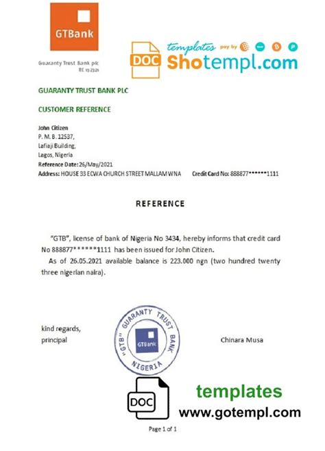 nigeria gtbank bank account reference letter template  word