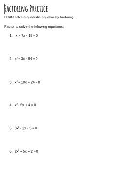 solving quadratic equations  factoring worksheet  math  love