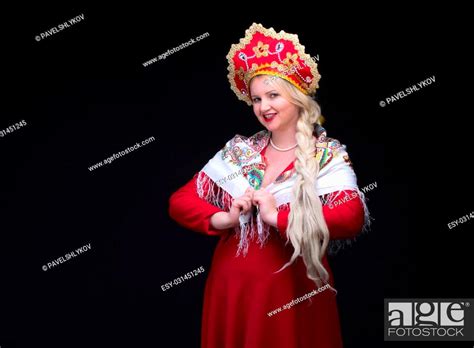Girl Standing In Russian Traditional Costume Plus Size Woman Is