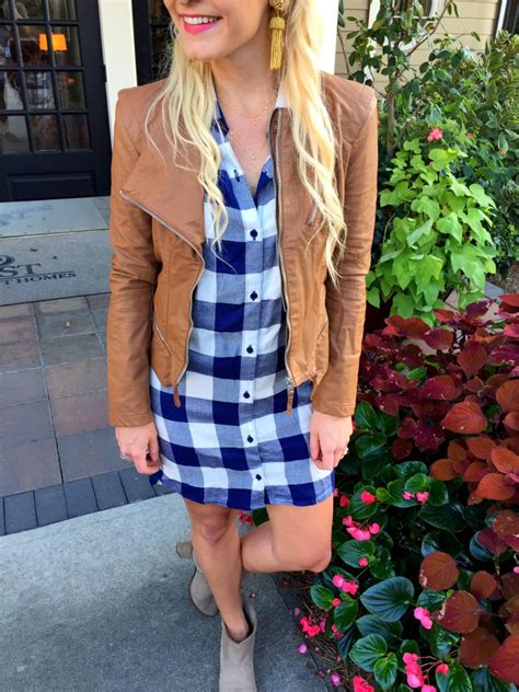 gingham dress and leather jacket urban blonde