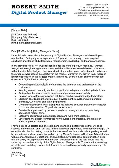 digital product manager cover letter examples qwikresume