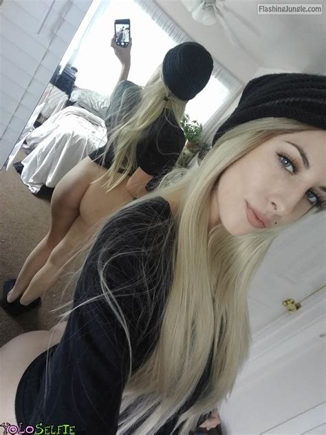 bottomless blonde with cap mirror ass selfie ass flash pics no panties pics teen flashing