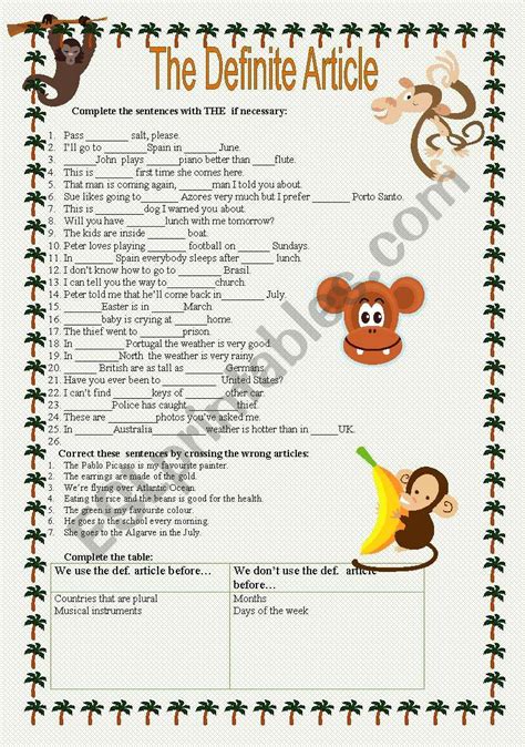 definite articles esl worksheet  cartuxa