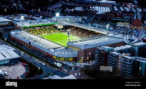 night time aerial view  norwich city football club   football match stock photo alamy