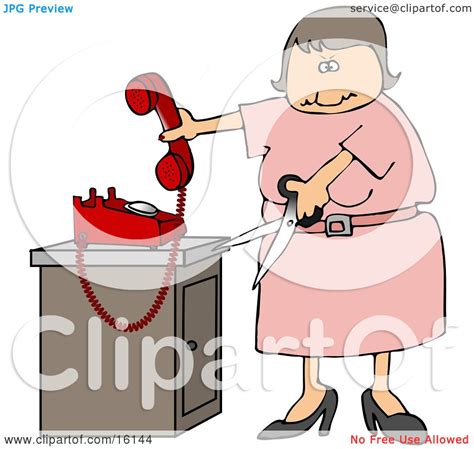 Angry Woman In Pink Cutting The Cord To Her Landline