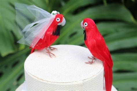 parrot wedding cake topper  lipstick red bride groom tropical love bird cake topper