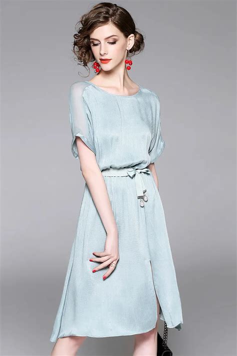 fashion womens elegant silk dresses short sleeves knee length ladies high quality