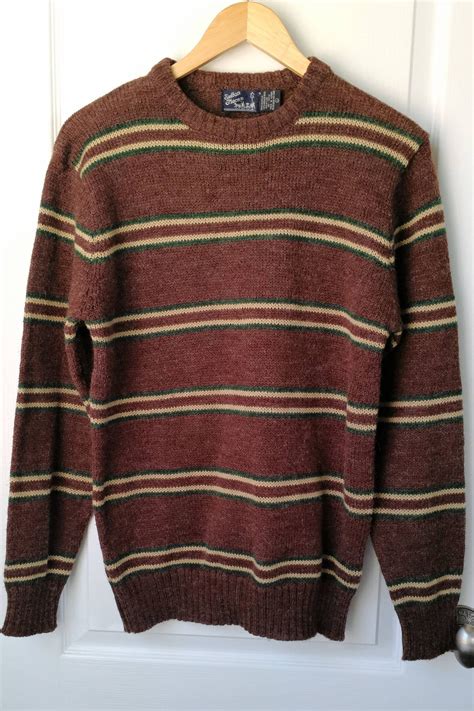 mens vintage sweater wool blend crewneck pullover sweater size large brown striped sweater