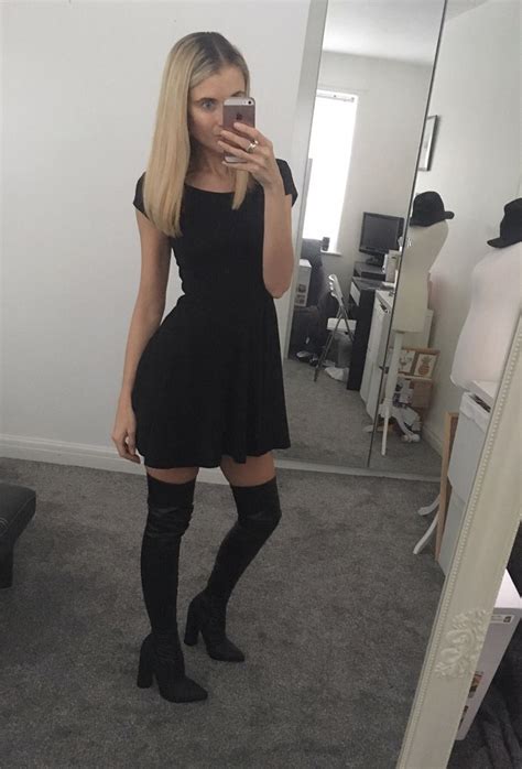 Black Thigh Boots Combined With A Short Black Dress Mirror Selfie