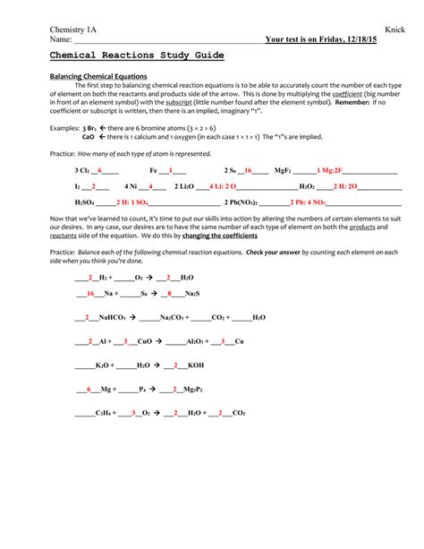 balancing chemical equations answer key balancing chemical