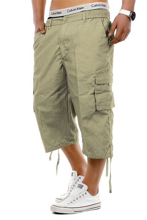mens  long length shorts elasticated waist cargo combat