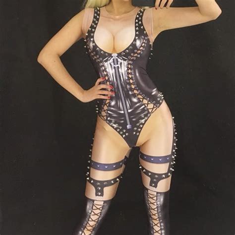 Us 54 Sexy Gothic Clothing Spike Bodysuit Nude Pvc