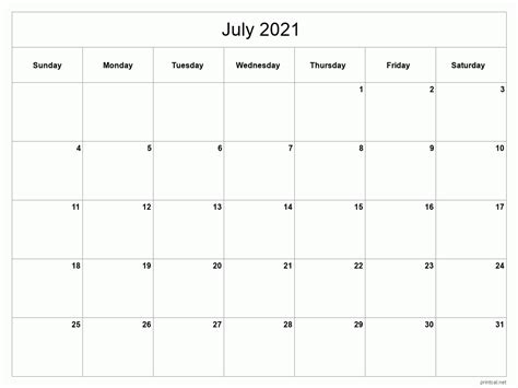 printable july  calendar classic blank sheet