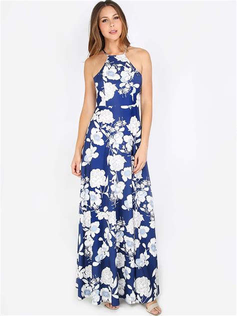 Halterneck Floral Print Maxi Dress Shein Sheinside