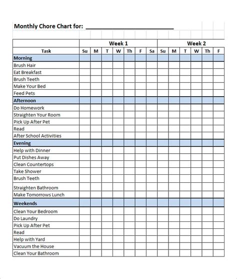 family chore chart template  printable templates