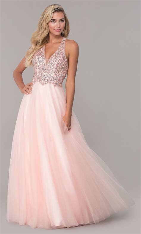 long v neck tulle prom dress with beaded bodice in 2020