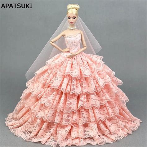 Pink Lace Wedding Dress For Barbie Doll Princess Evening Party Clothes