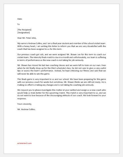 complaint letter  principal  coach writelettercom