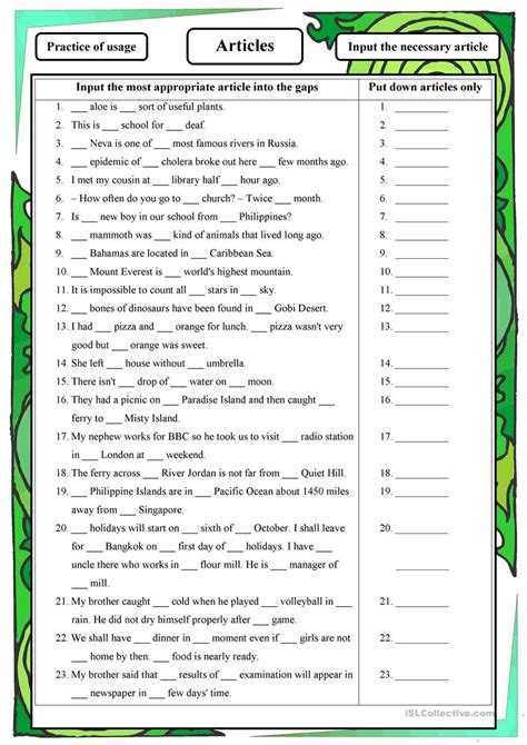 articles worksheet  esl printable worksheets   teachers