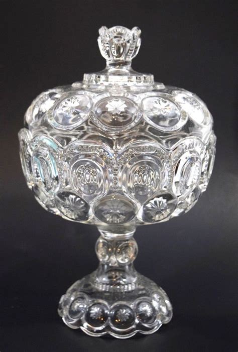 antique le smith moon  stars pressed glass lidded pedestal compote