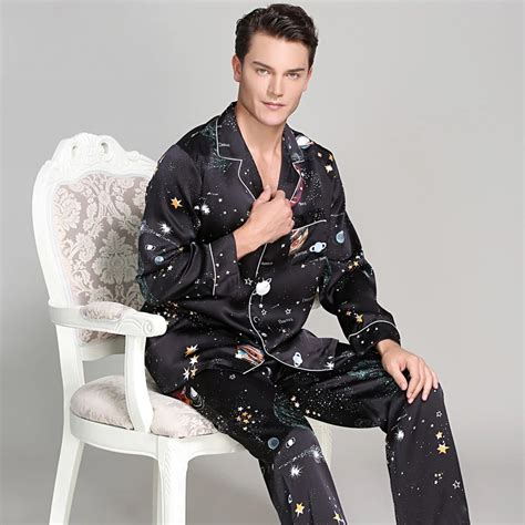 fashion black stars  genuine silk pajamas sets  men long sleeve quality indoor male