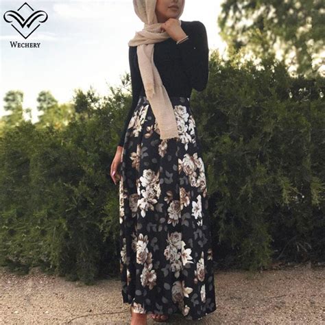 wechery 2018 new muslim black skirt a line floral style turkish islamic