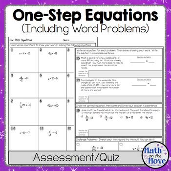 step equations quiz  worksheet includes word problems tpt