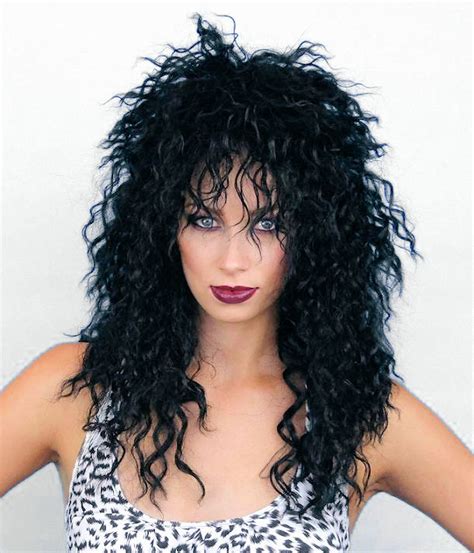 80s rocker cher shaggy crimped black wig women s fancy dress costume