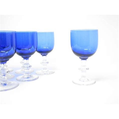 Vintage Cobalt Blue Glass Goblets With Clear Wafer Stem Set Of 7