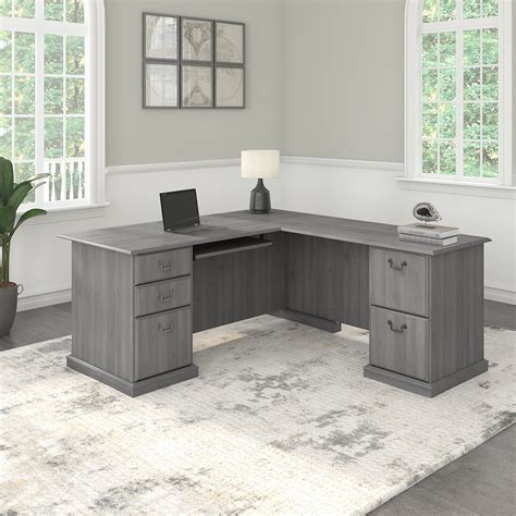 bush furniture saratoga  shaped computer desk  drawers  modern gray