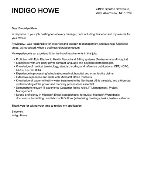 recovery manager cover letter velvet jobs
