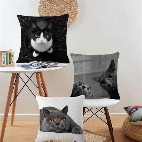 gatos cojin de efecto  impreso animal cojin funda de algodon de lino caso decorativo almohada