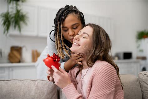 African American Lesbian Woman Kissing Joyful Stock Image Image Of