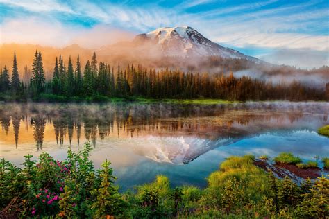 nature landscape trees forest mountain washington state usa lake mist snow clouds