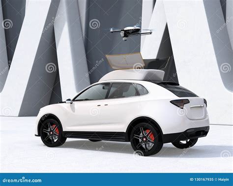 rear view  white electric suv released drone  leisure entertainment stock illustration