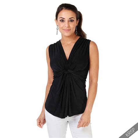 womens sleeveless silky knot front plunge  neck blouse ruched vest top party ebay