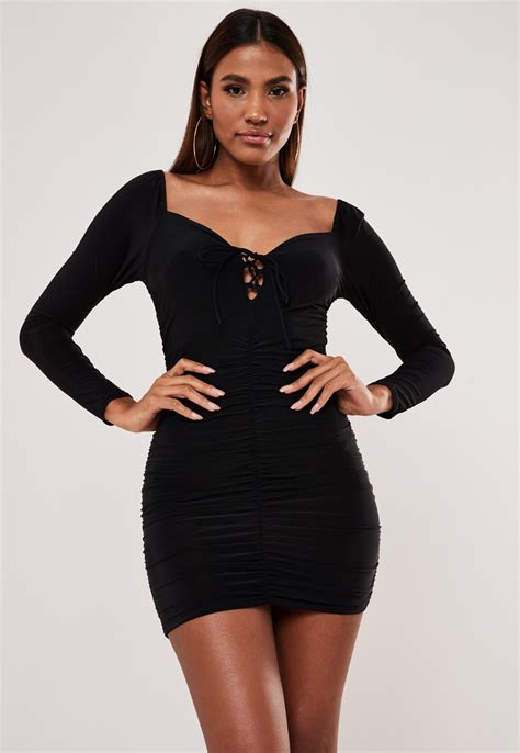 black slinky ruched lace up mini dress missguided