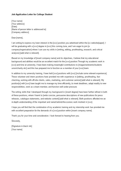 job application letter  college student templates